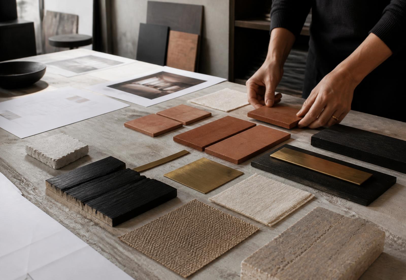 Material samples of terracotta tile, brass, charred timber and linen arranged on a plaster table