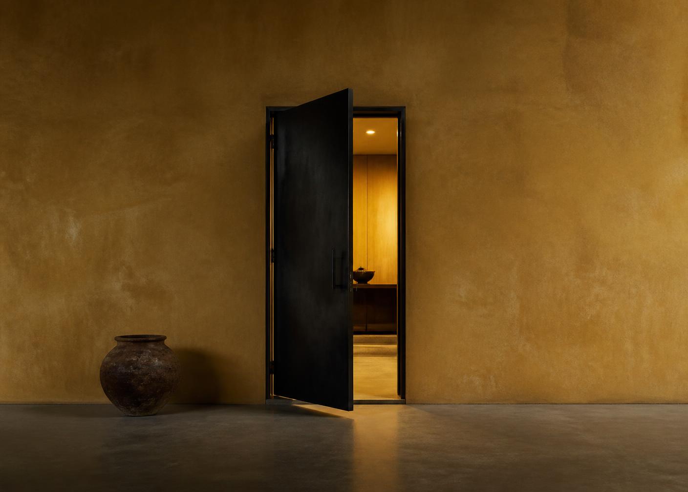 Blackened steel studio door ajar in an ochre plaster wall with warm light spilling through